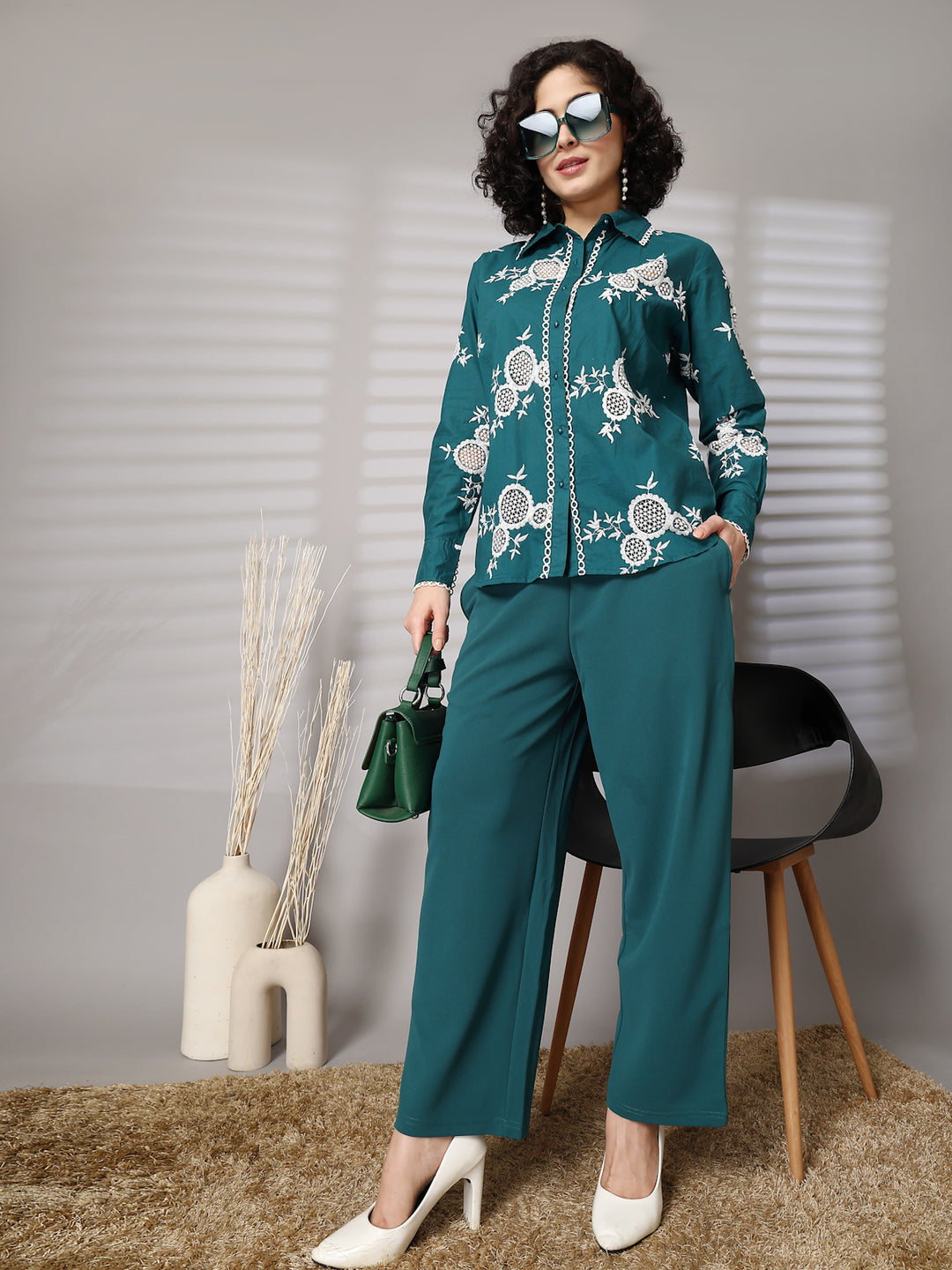 Embroidered Pure Cotton Shirt With Trousers Co-Ords