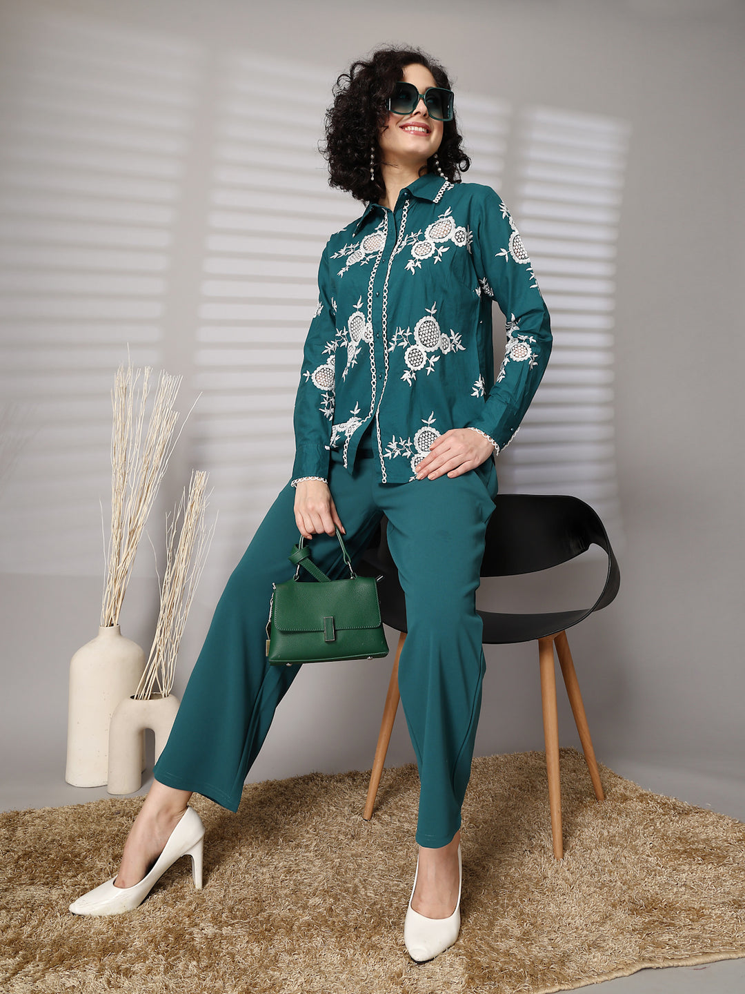 Embroidered Pure Cotton Shirt With Trousers Co-Ords