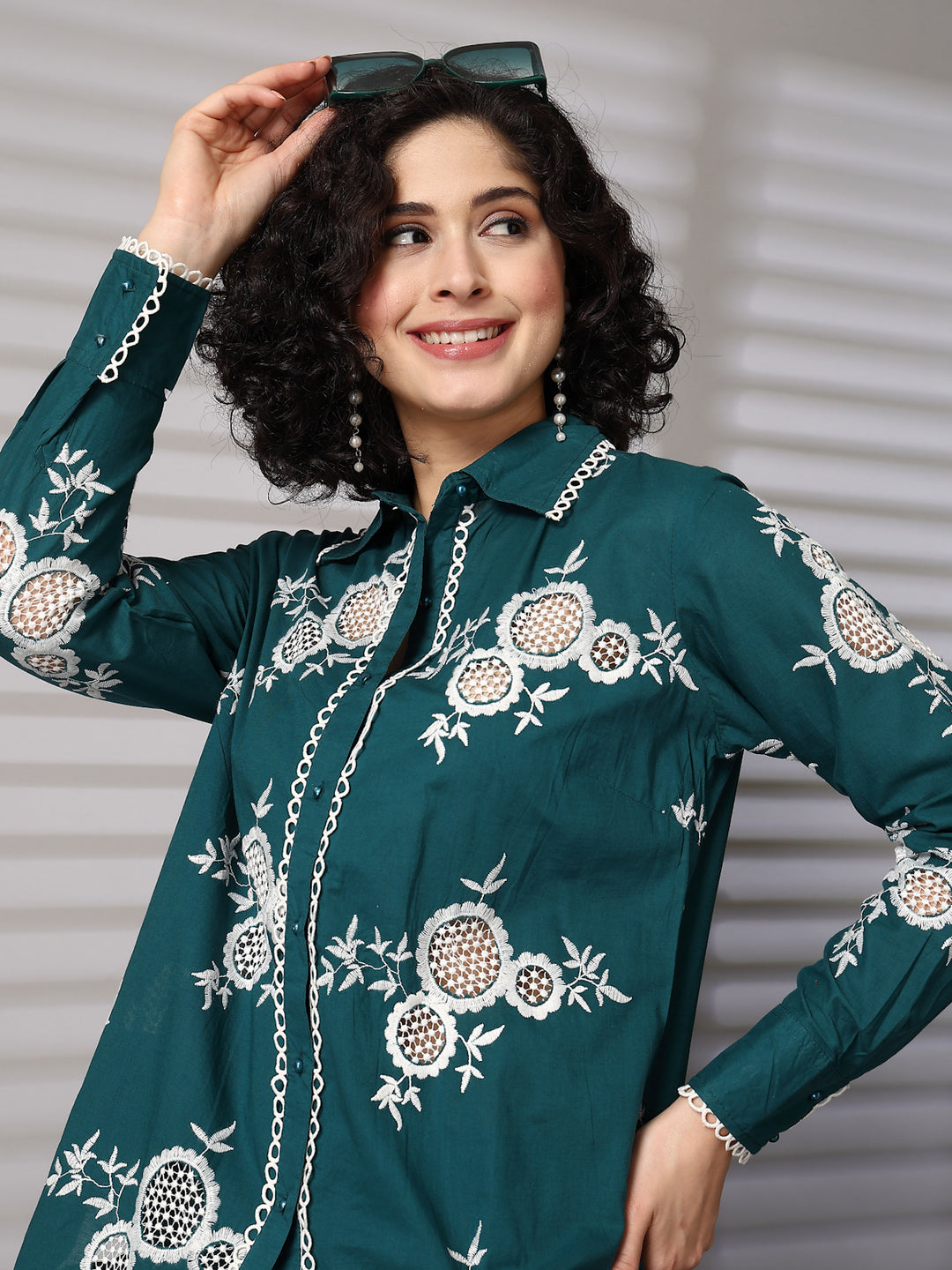 Embroidered Pure Cotton Shirt With Trousers Co-Ords