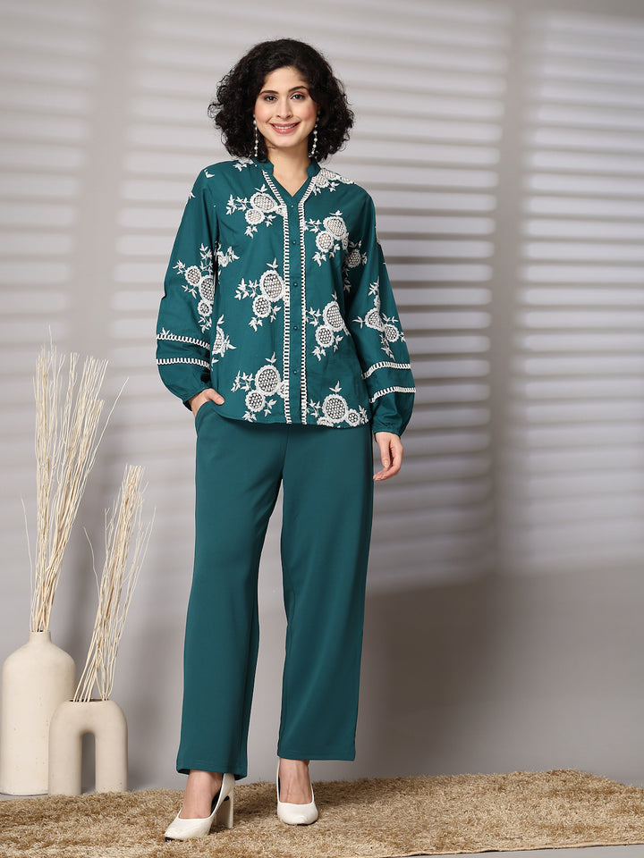 Embroidered Pure Cotton Shirt With Trousers Co-Ords