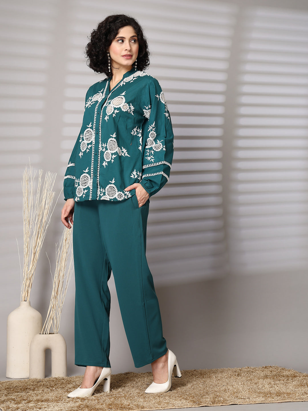 Embroidered Pure Cotton Shirt With Trousers Co-Ords