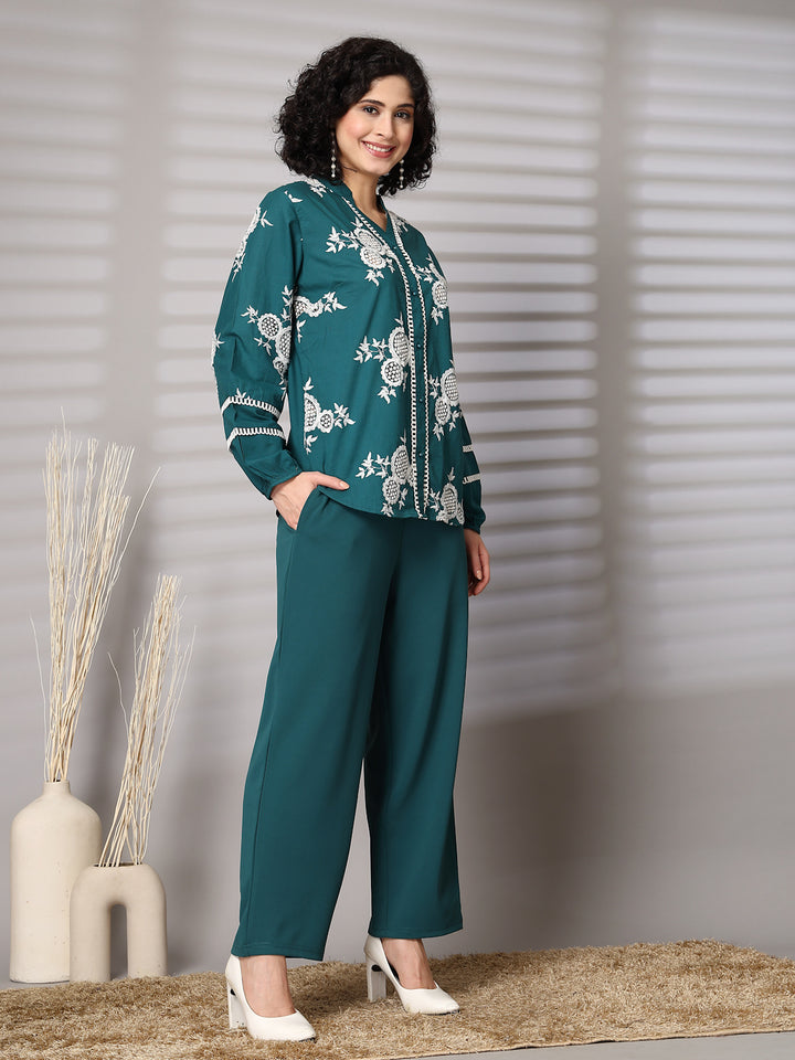 Embroidered Pure Cotton Shirt With Trousers Co-Ords