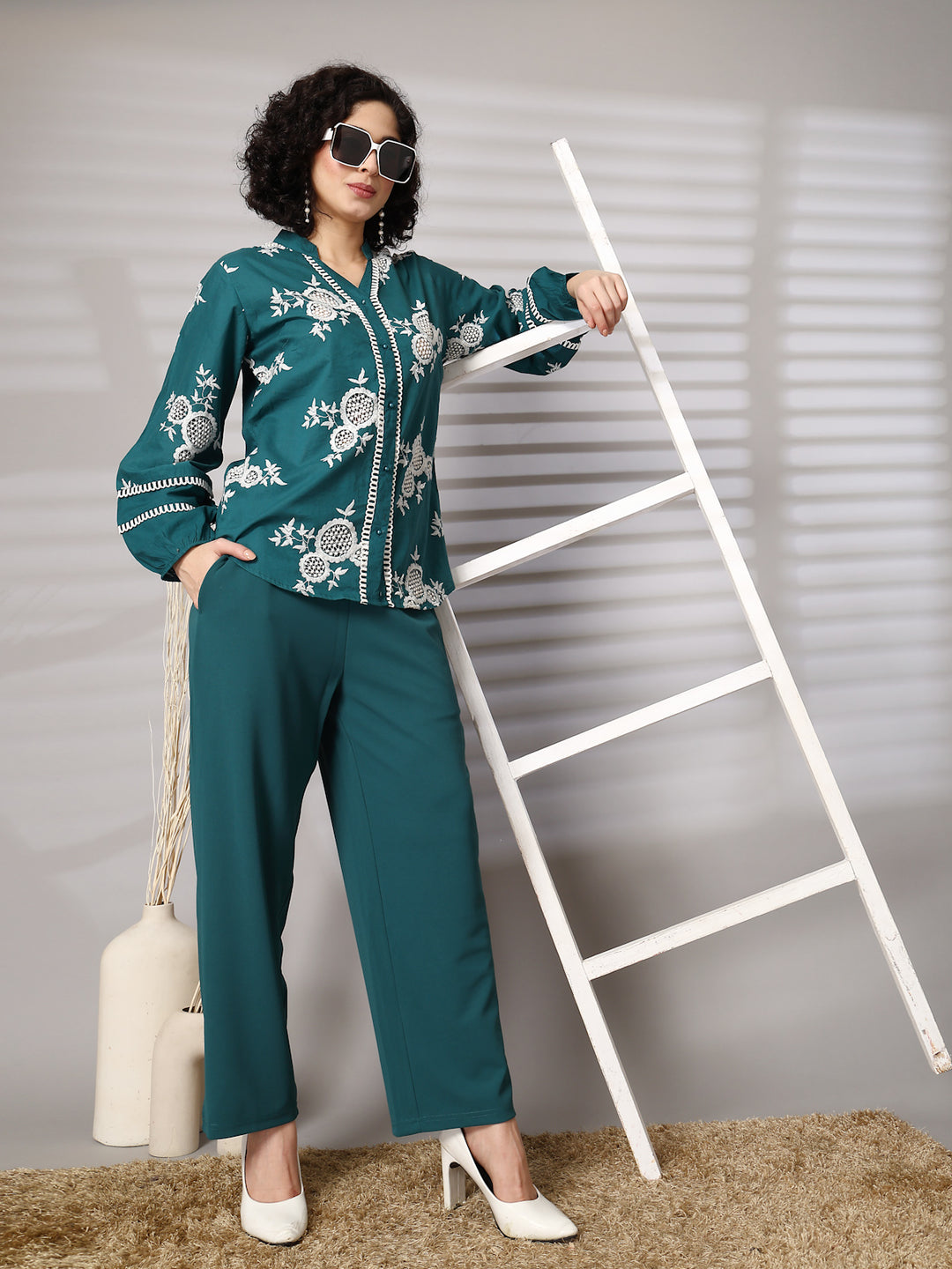 Embroidered Pure Cotton Shirt With Trousers Co-Ords