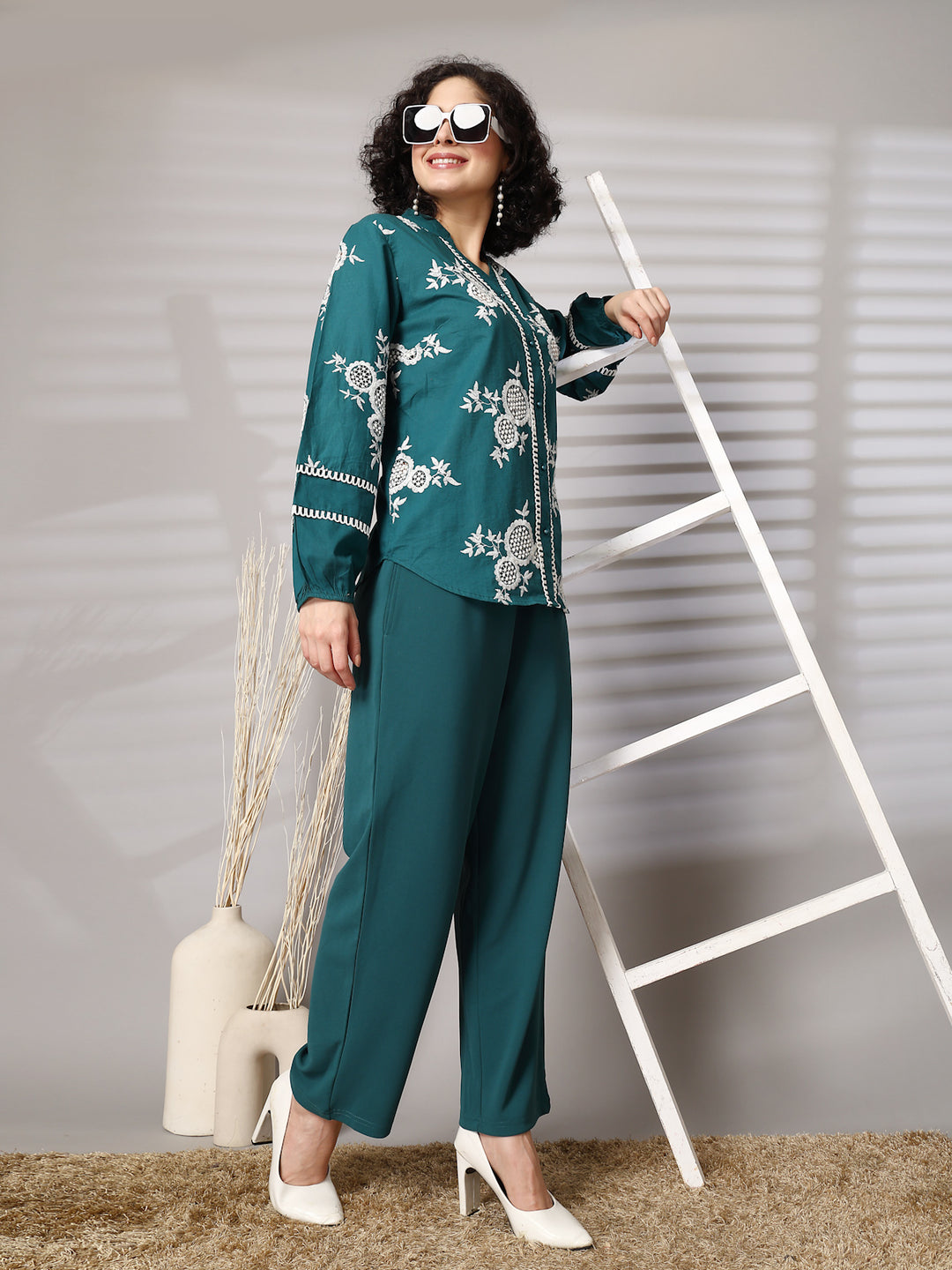 Embroidered Pure Cotton Shirt With Trousers Co-Ords