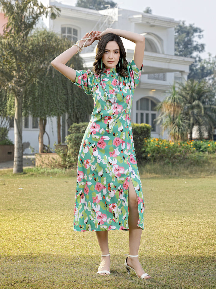 Floral Print Puff Sleeve Shirt Midi Dress