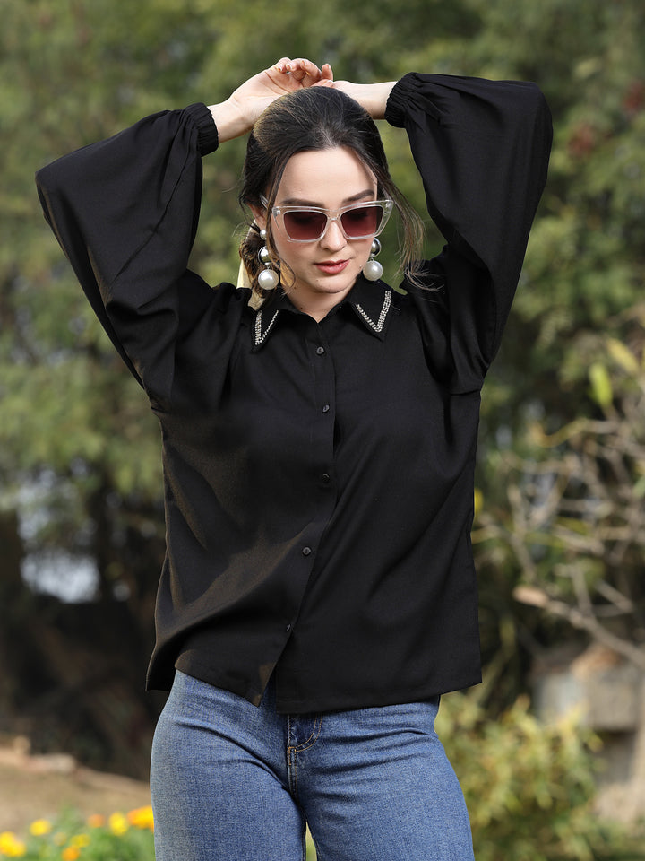 Spread Collar Puff Sleeves Party Shirt