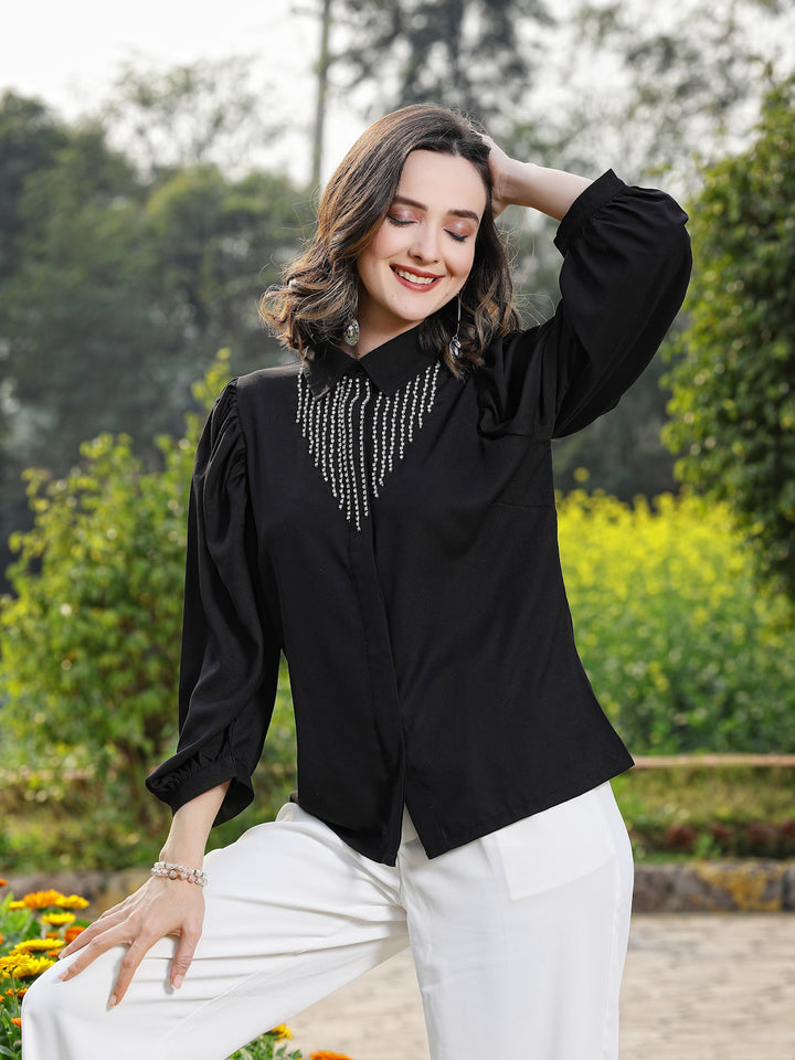 Spread Collar Puff Sleeves Party Shirt