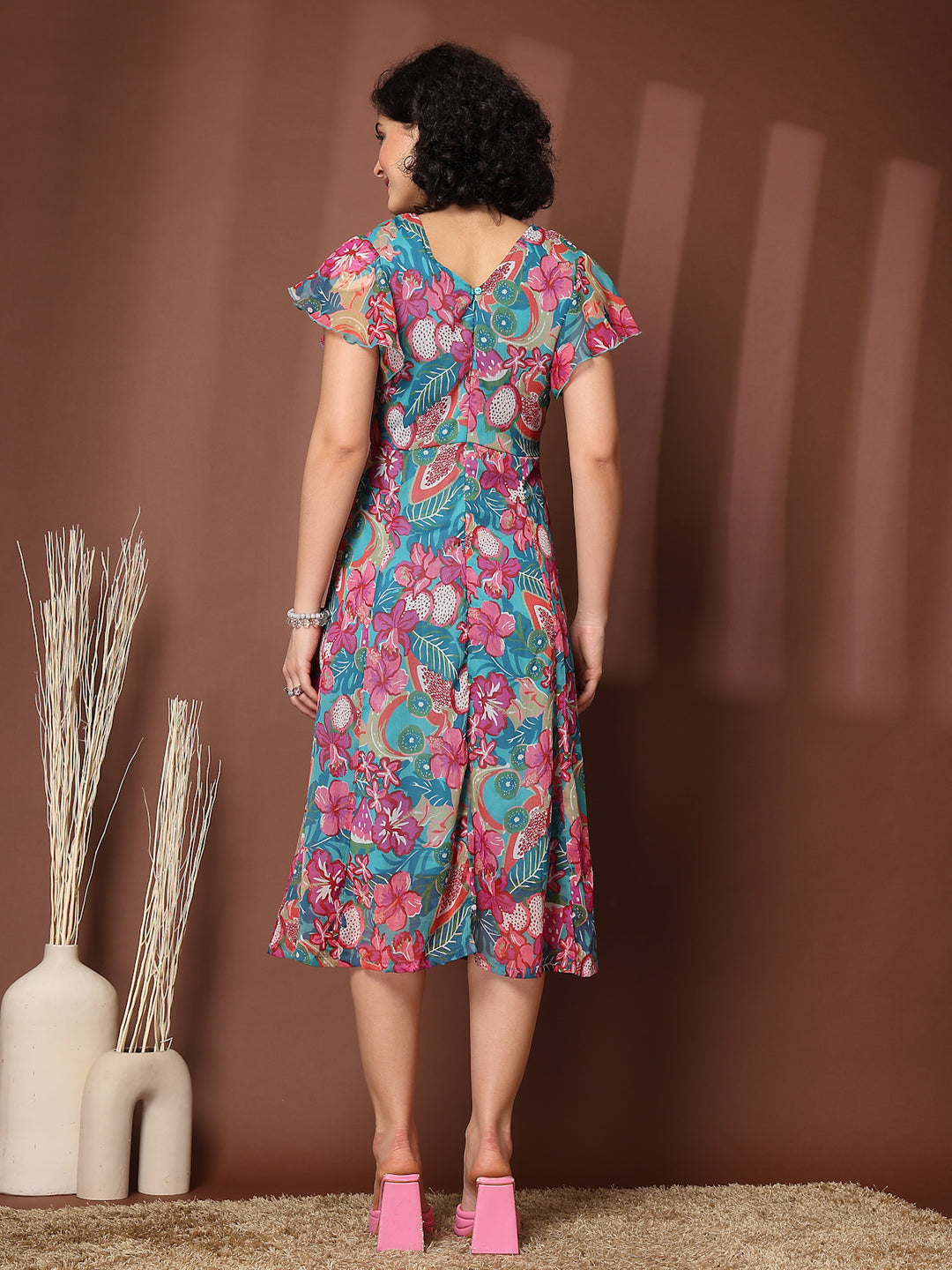 Women Floral Printed Flutter Sleeve A-Line Dress