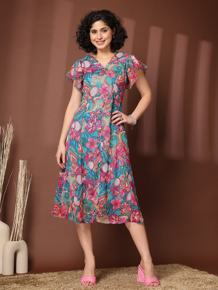 Women Floral Printed Flutter Sleeve A-Line Dress