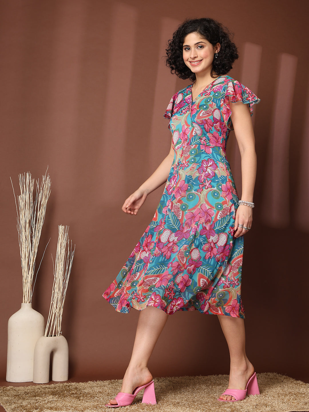 Women Floral Printed Flutter Sleeve A-Line Dress