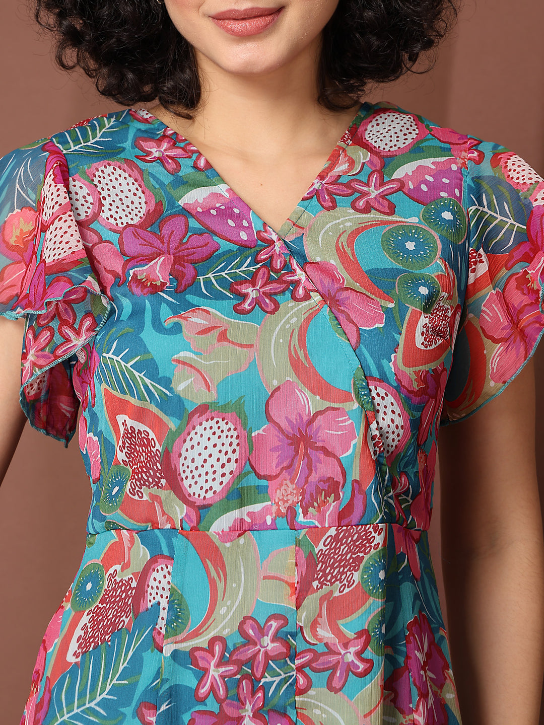 Women Floral Printed Flutter Sleeve A-Line Dress