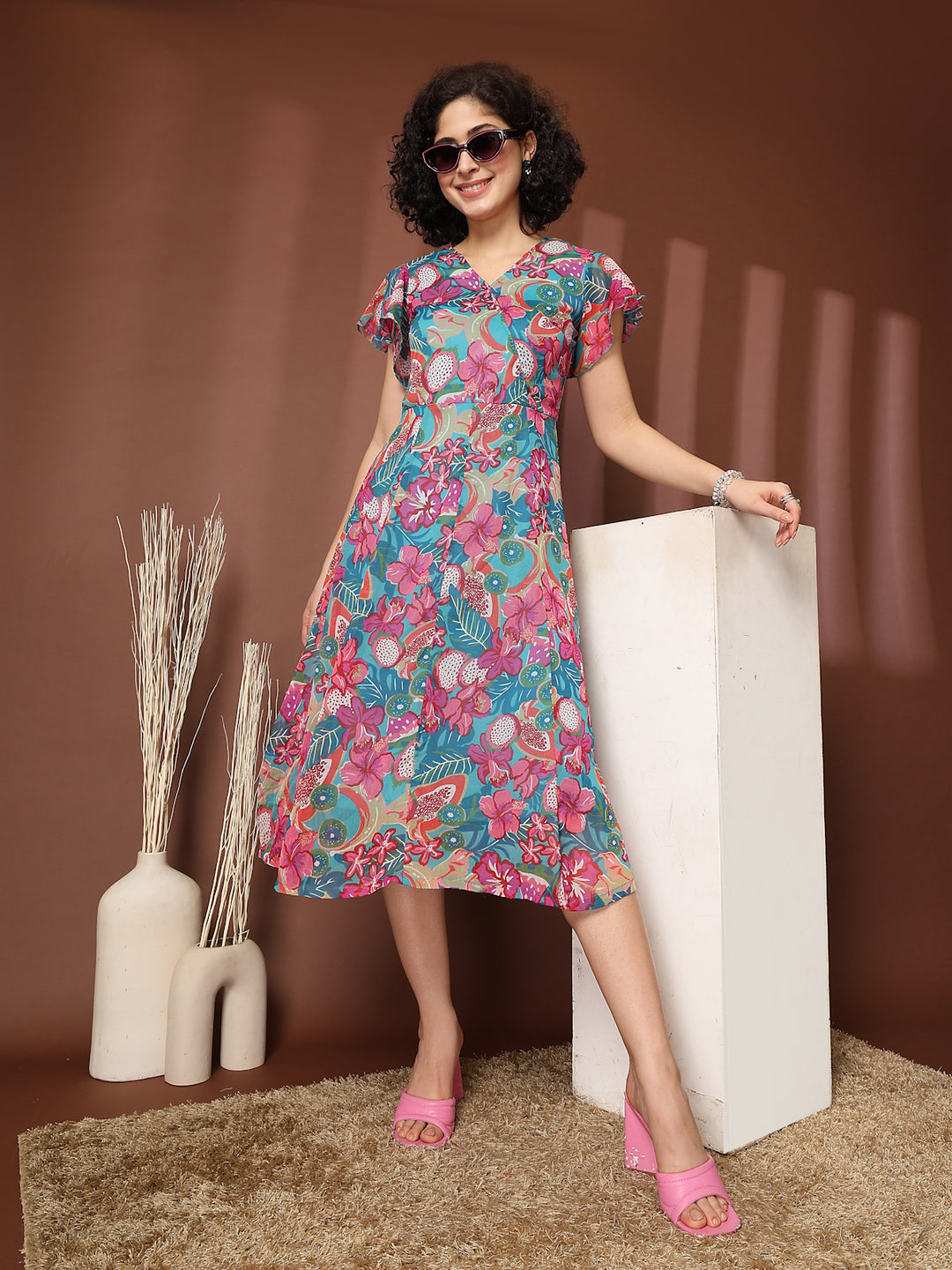 Women Floral Printed Flutter Sleeve A-Line Dress