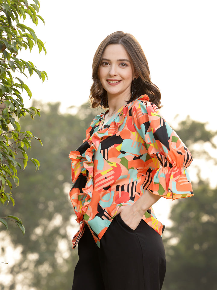 Print Tie-Up Neck Top