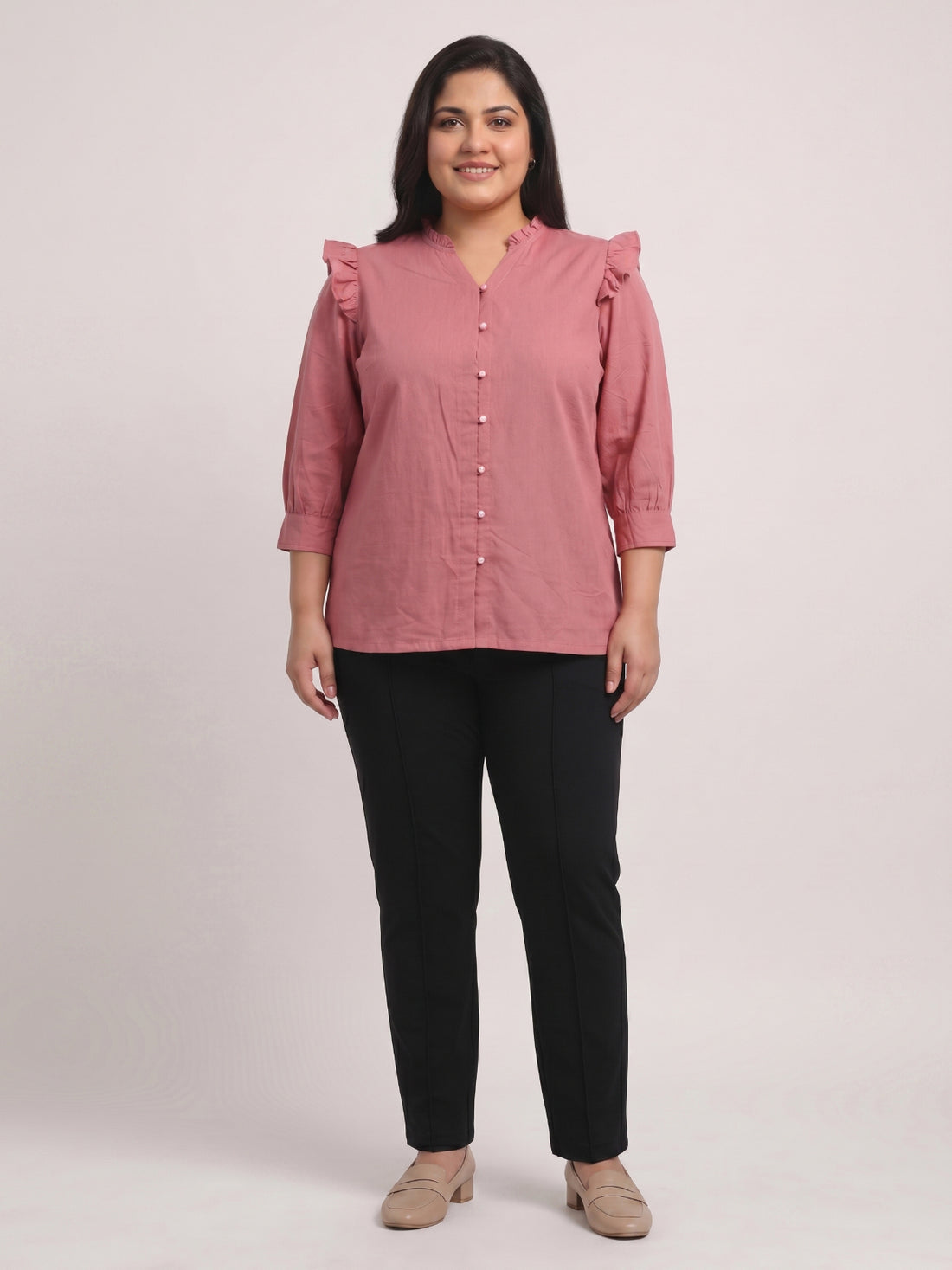 Women's Plus Size Ruffled V-Neck Puff-Sleeve Top