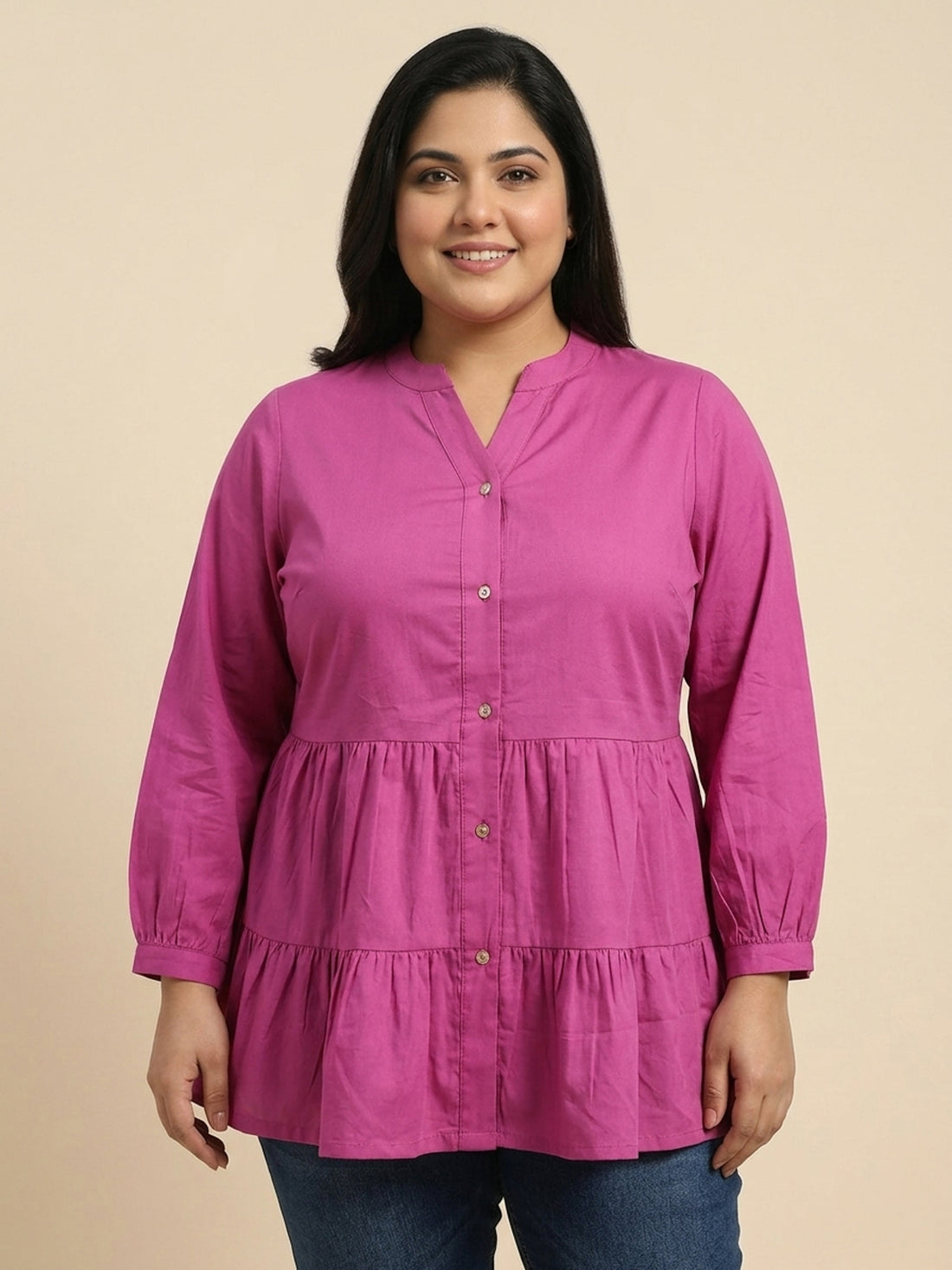 Plus Size Women V-Neck Button-Down Top