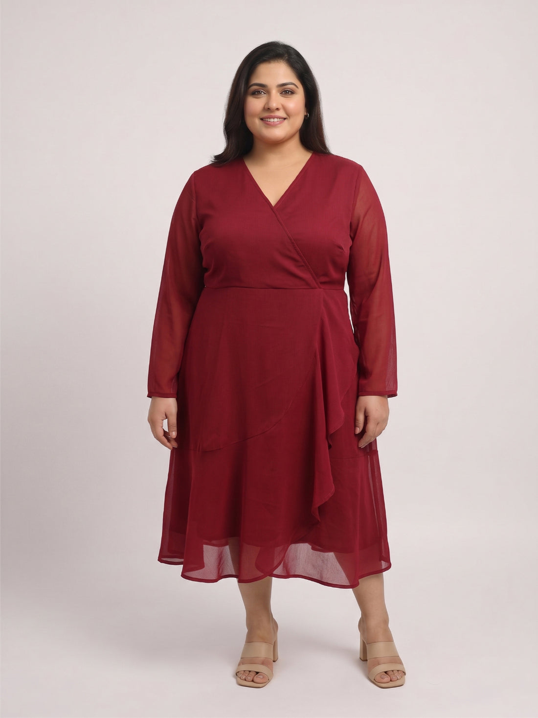 Plus Size Women's Maroon V-Neck A-Line Midi Dress
