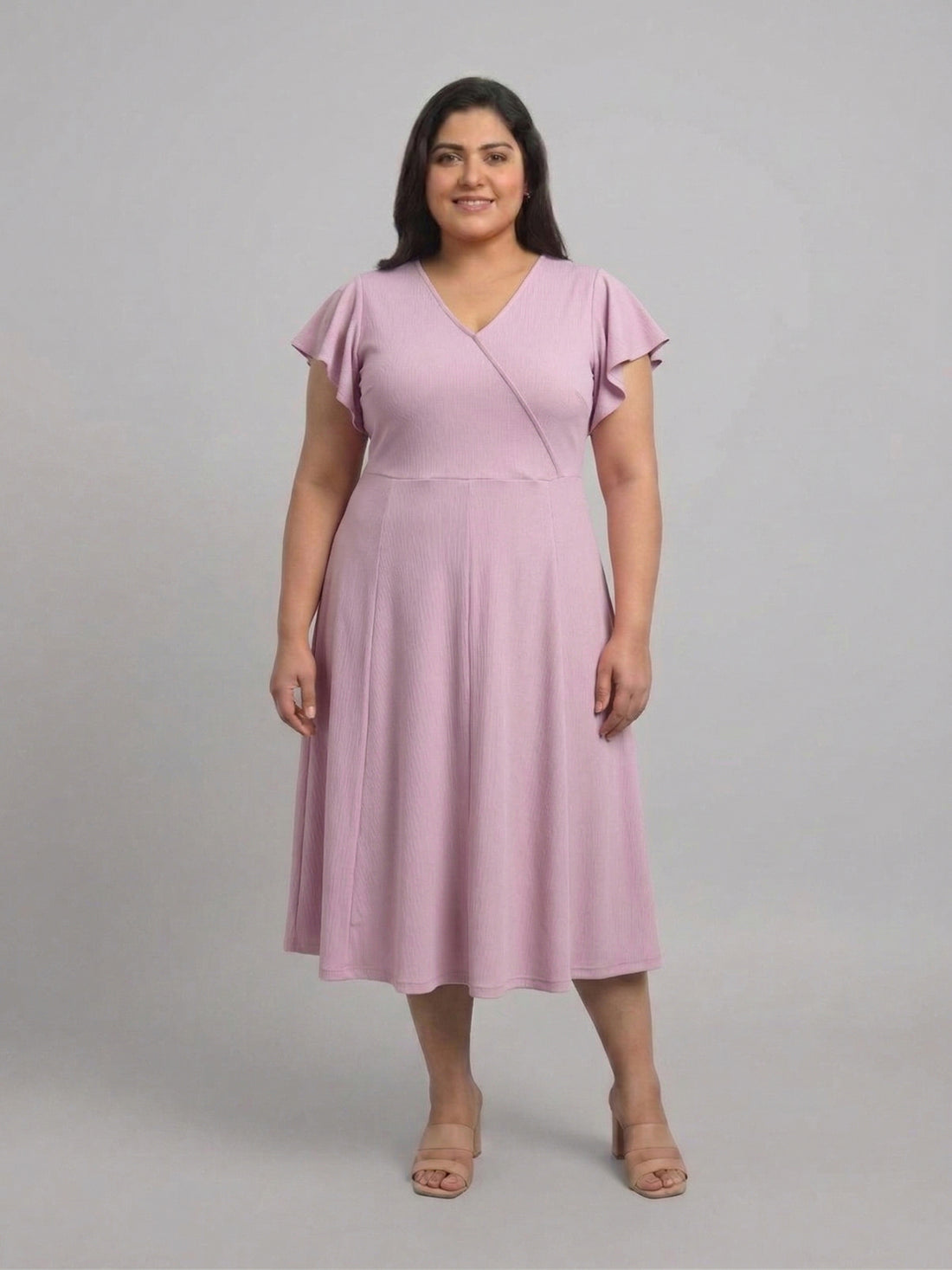 Plus Size Women V-Neck Viscose Lycra Midi Dress