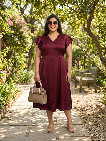 Plus Size Women V-Neck Midi Dress