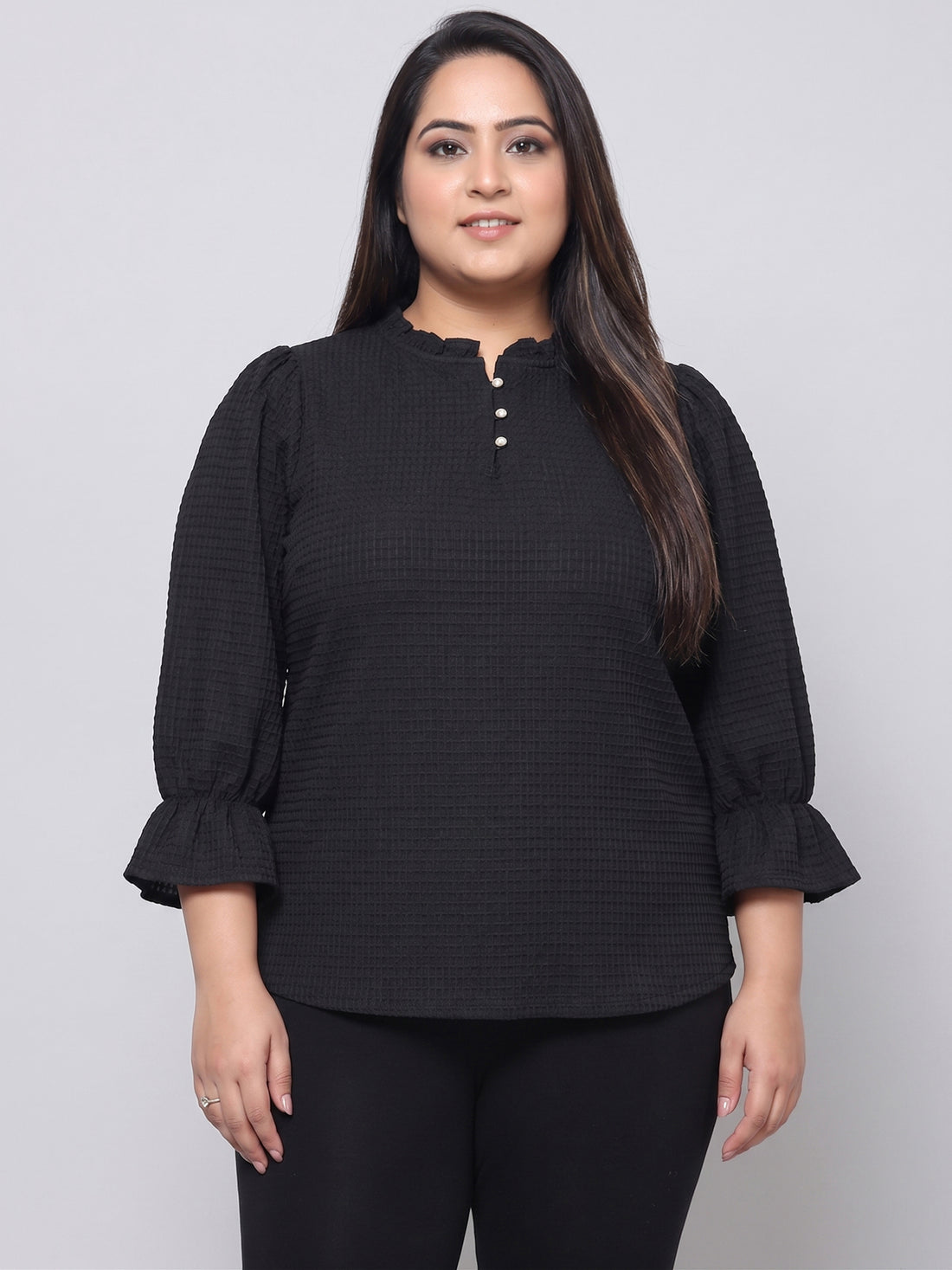 Plus Size Women Puff Sleeve Ruffled Top