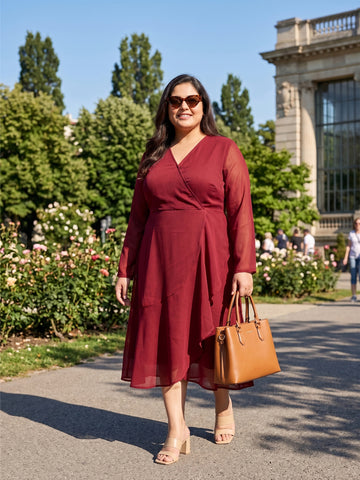 Plus Size Women's Maroon V-Neck A-Line Midi Dress