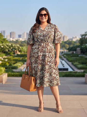 Plus Size Women's Printed A-Line Midi Flare Sleeves Dress & Soft Crepe Fabric | Sizes 3XL-8XL