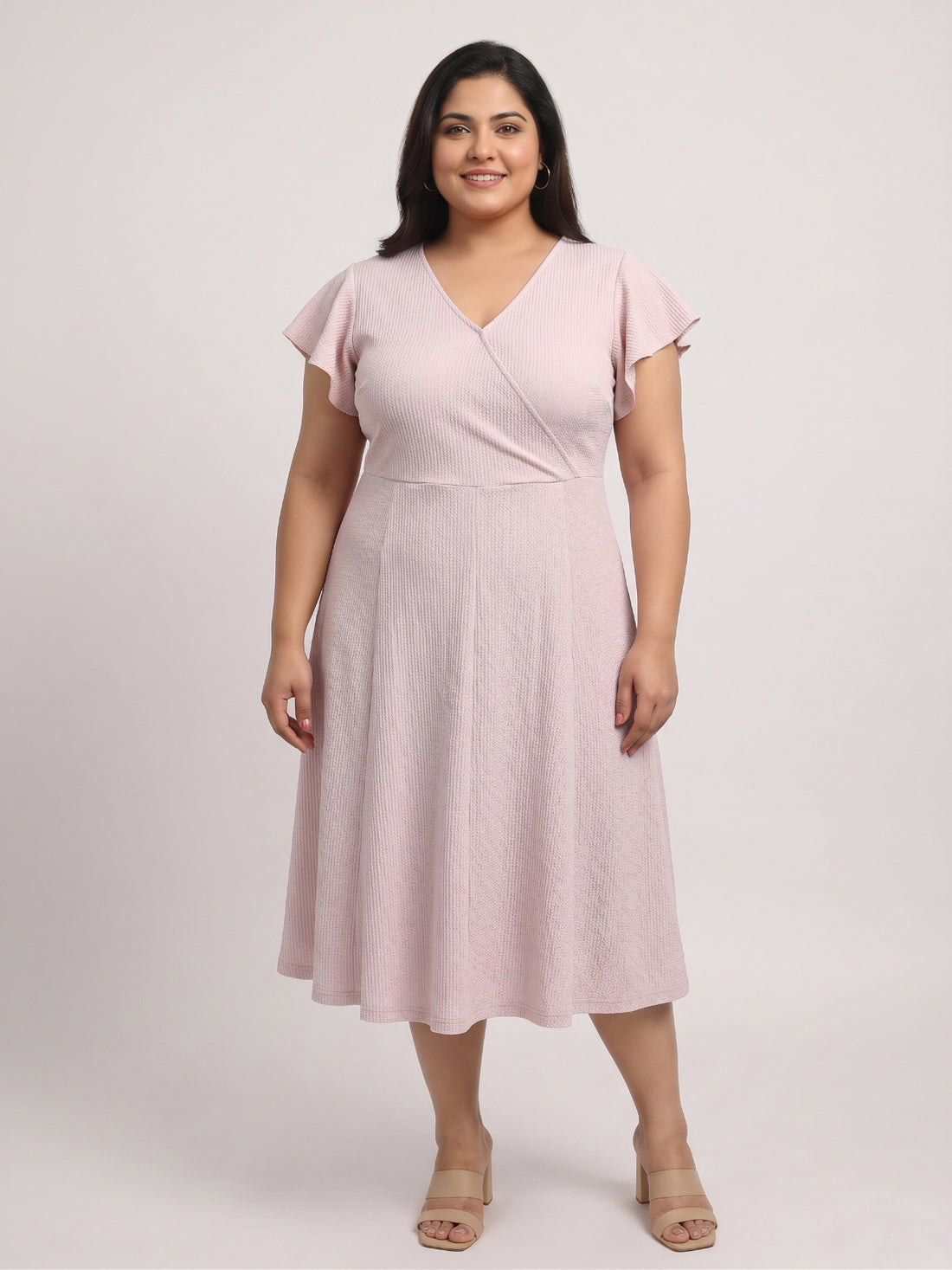 Plus Size Women V-Neck Viscose Lycra Midi Dress