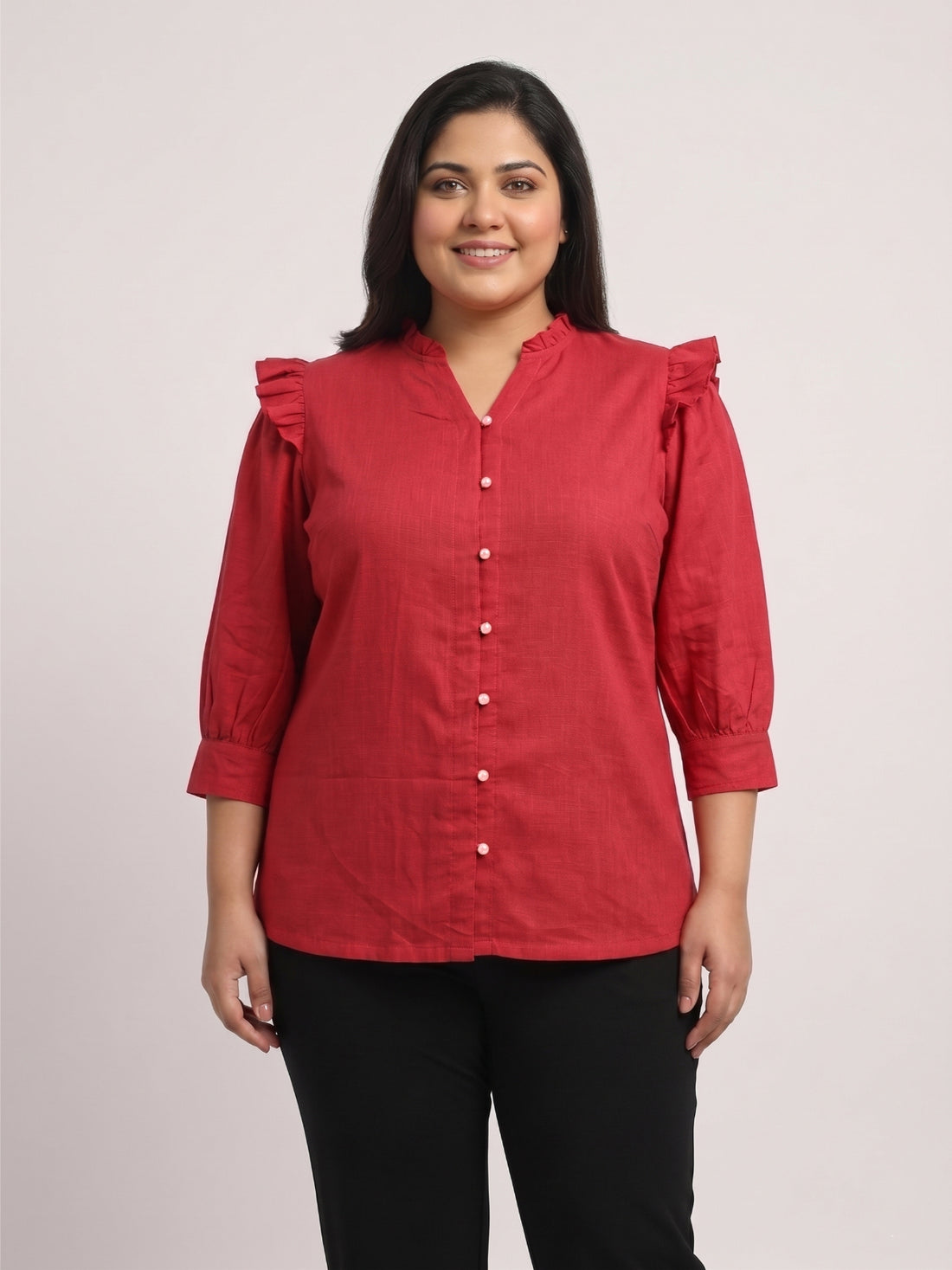 Women's Plus Size Ruffled V-Neck Puff-Sleeve Top