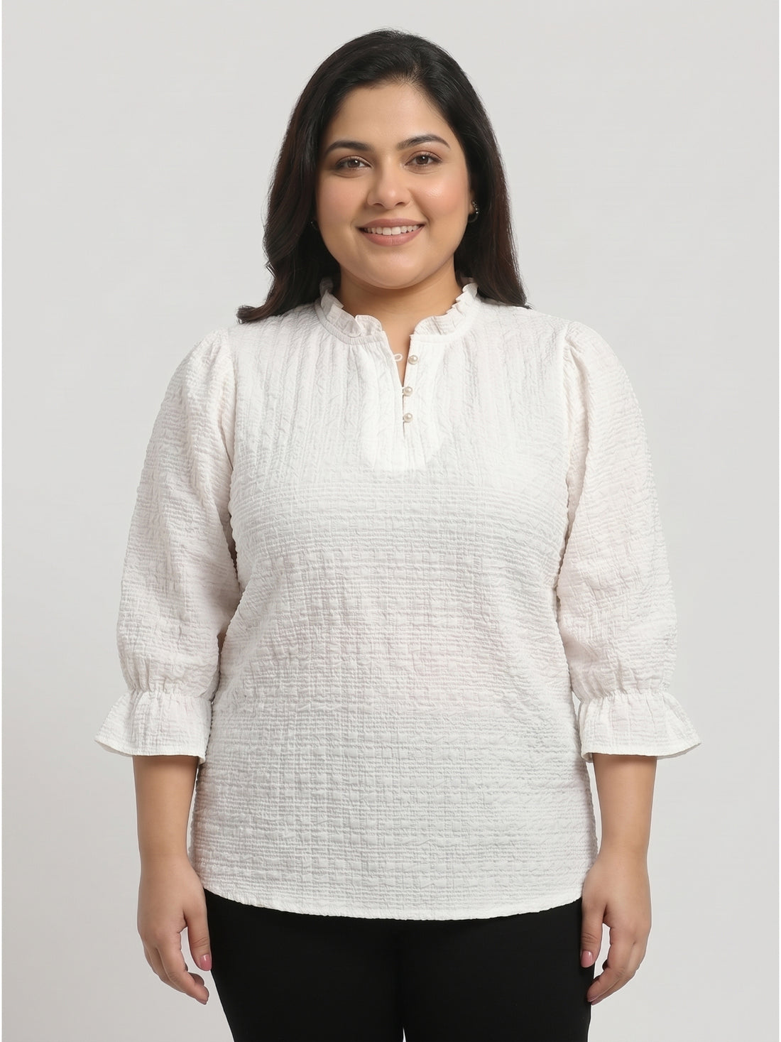 Plus Size Women Puff Sleeve Ruffled Top