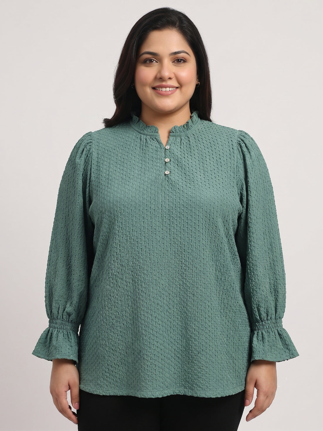 Plus Size Women Puff Sleeve Ruffled Top