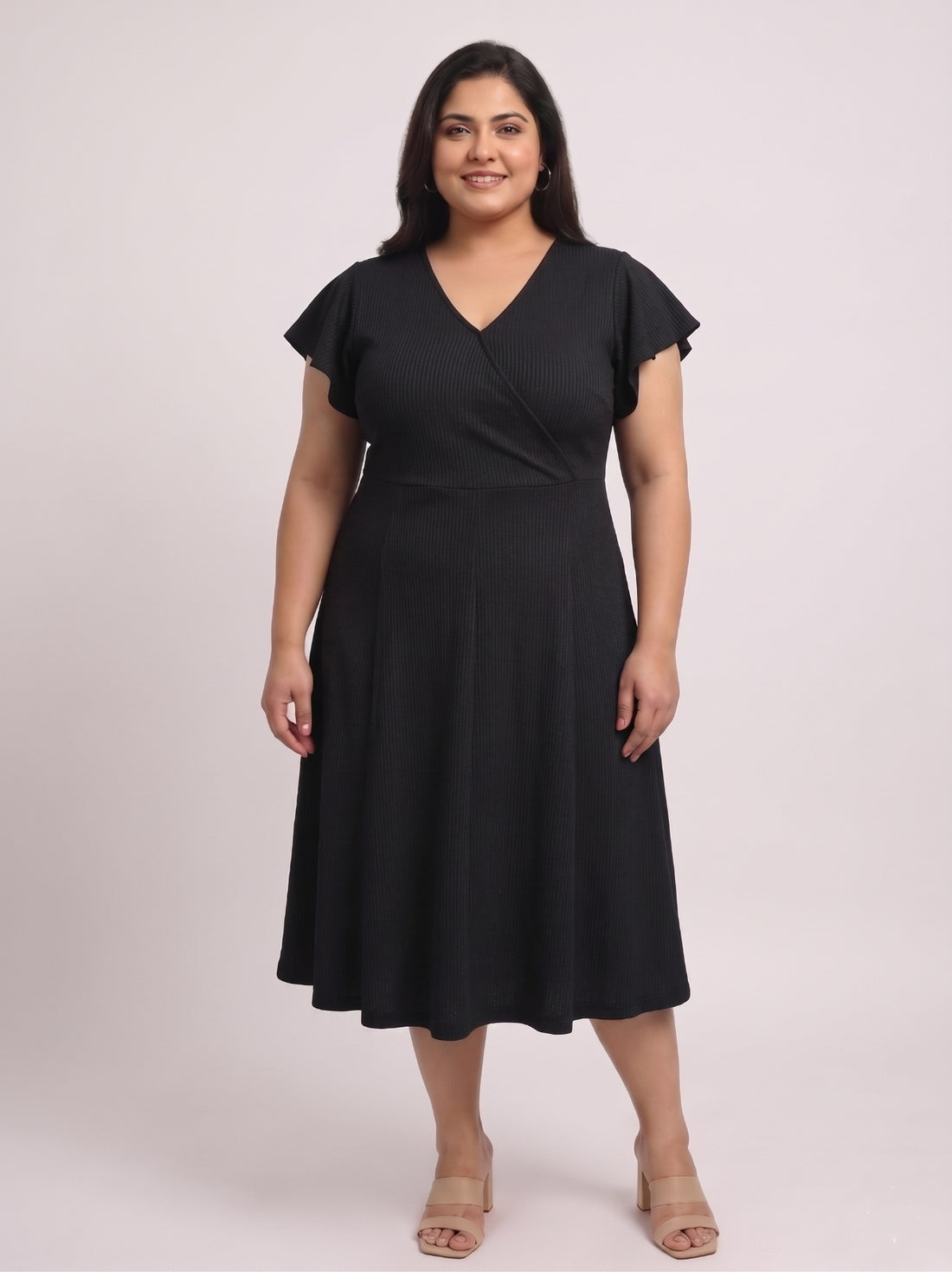 Plus Size Women V-Neck Viscose Lycra Midi Dress