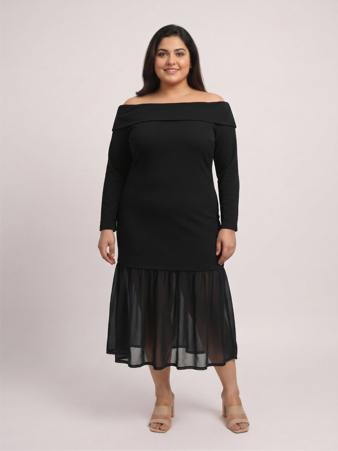 Plus Size Women's Off-Shoulder Black Midi Dress