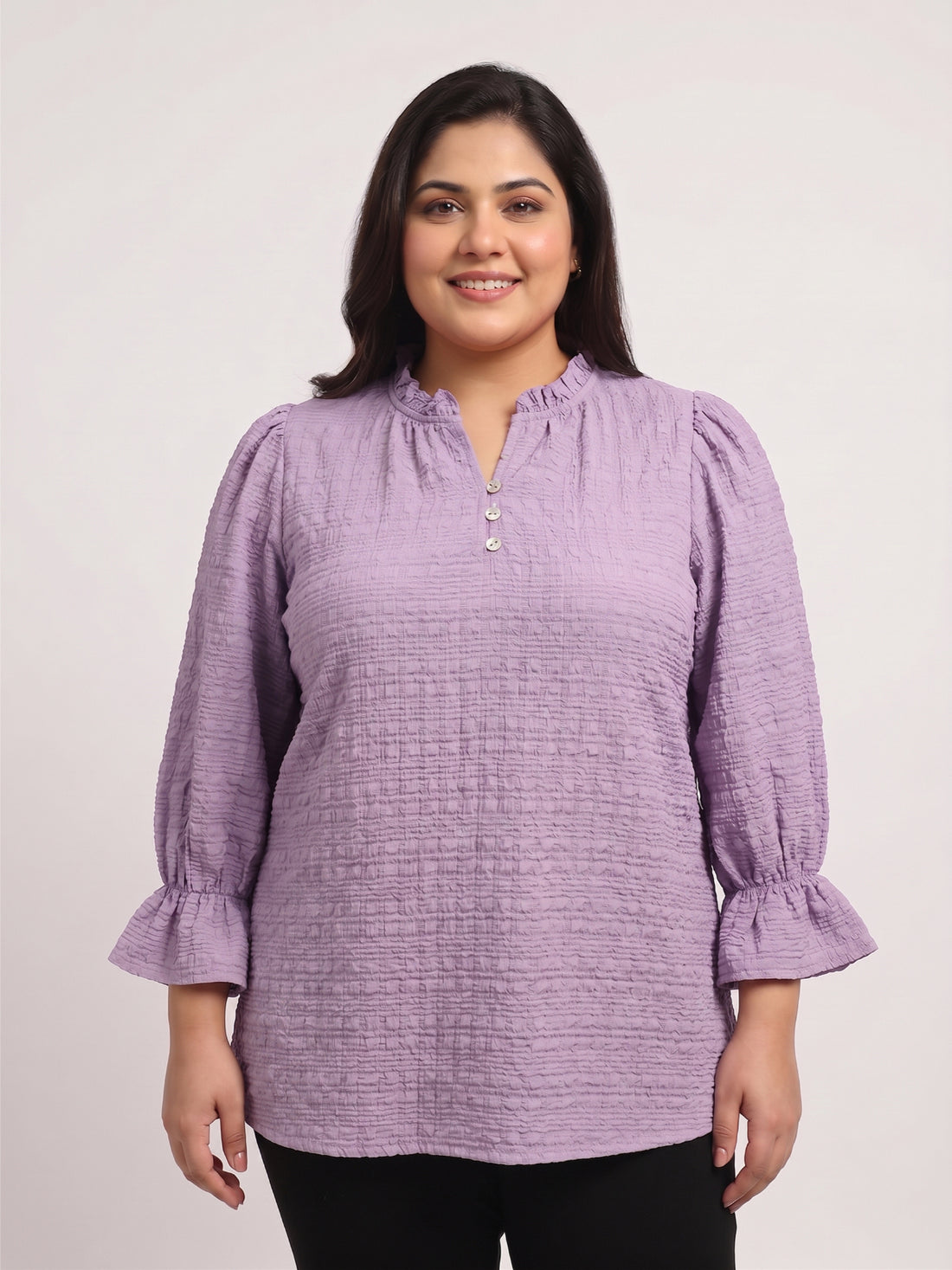 Plus Size Women Puff Sleeve Ruffled Top