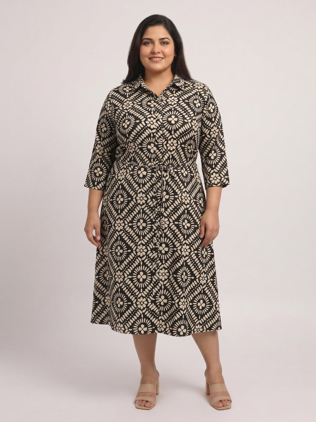 Plus Size Women Printed Midi Shirt Dress