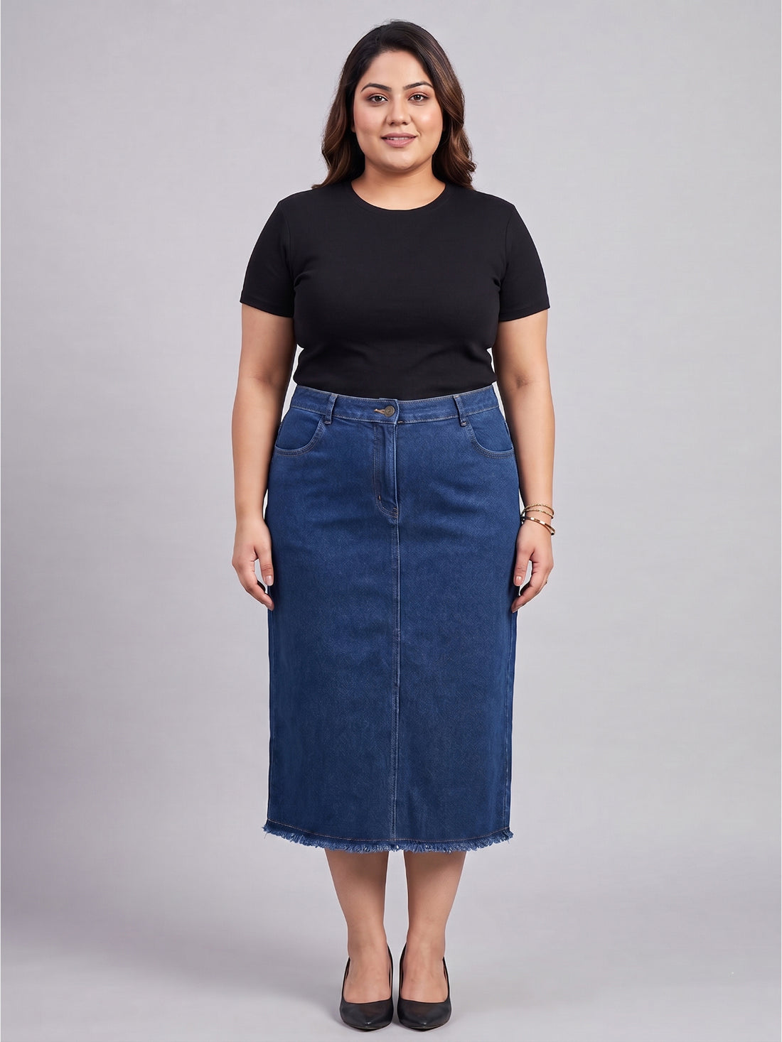 Plus Size Women Denim Midi Skirt