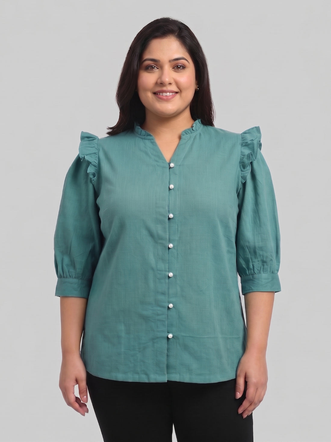 Women's Plus Size Ruffled V-Neck Puff-Sleeve Top