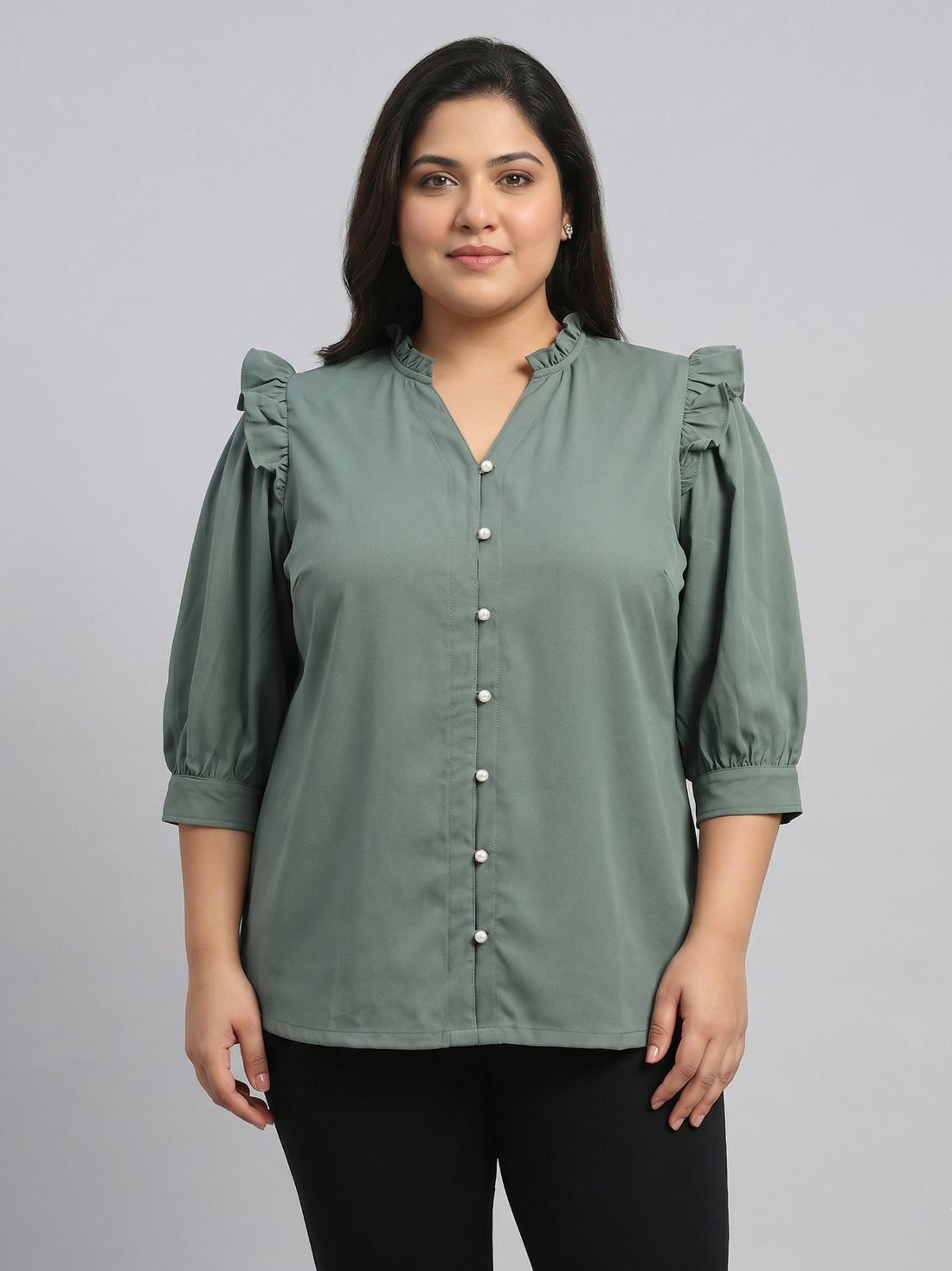 Women's Plus Size Ruffled V-Neck Puff-Sleeve Top