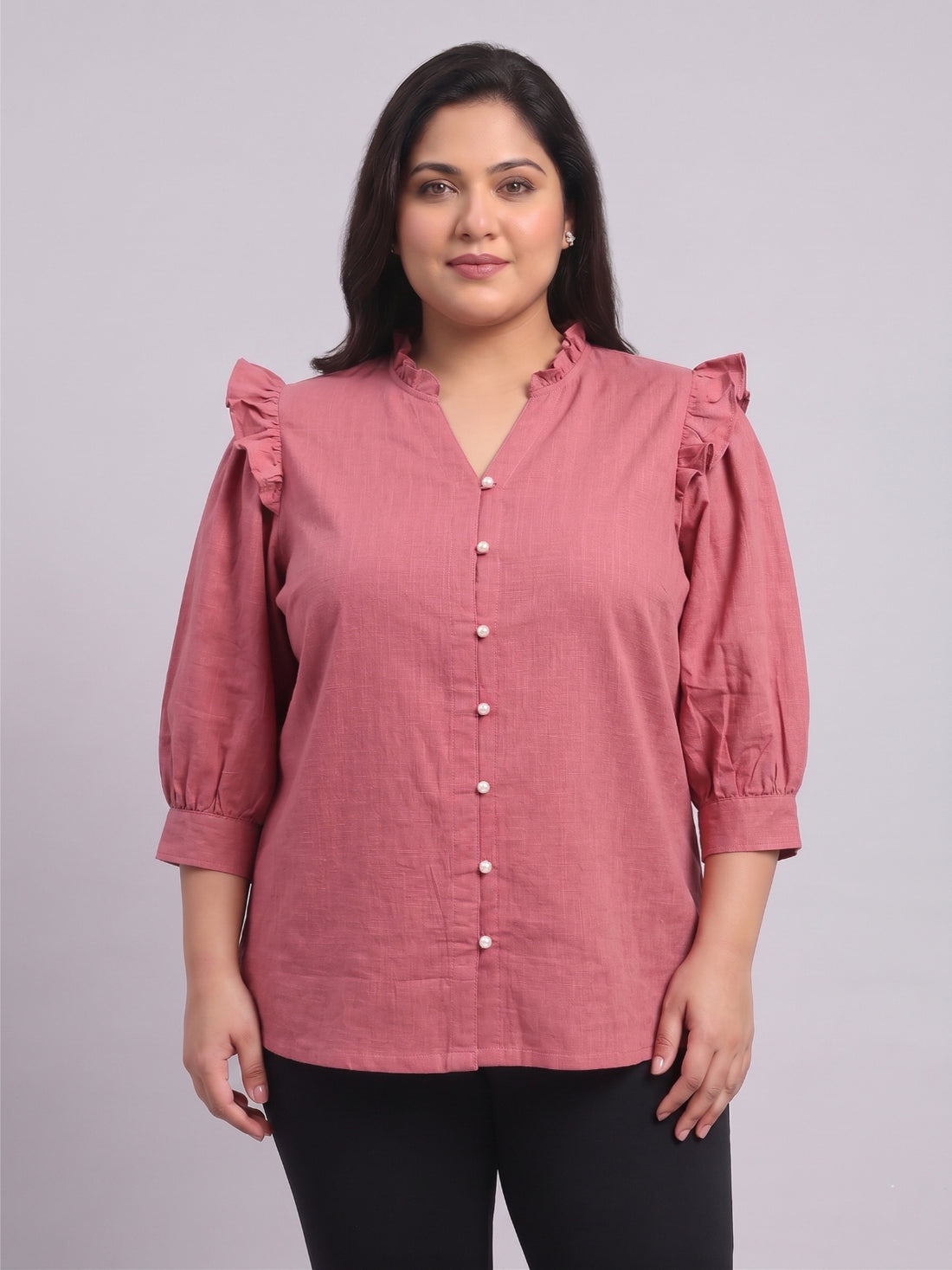 Women's Plus Size Ruffled V-Neck Puff-Sleeve Top