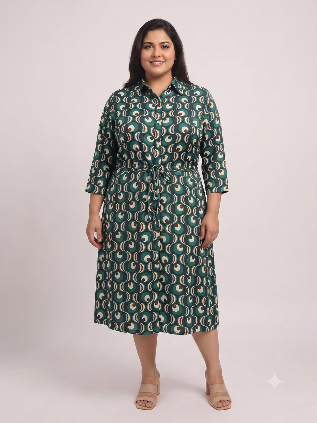 Plus Size Women Printed Midi Shirt Dress