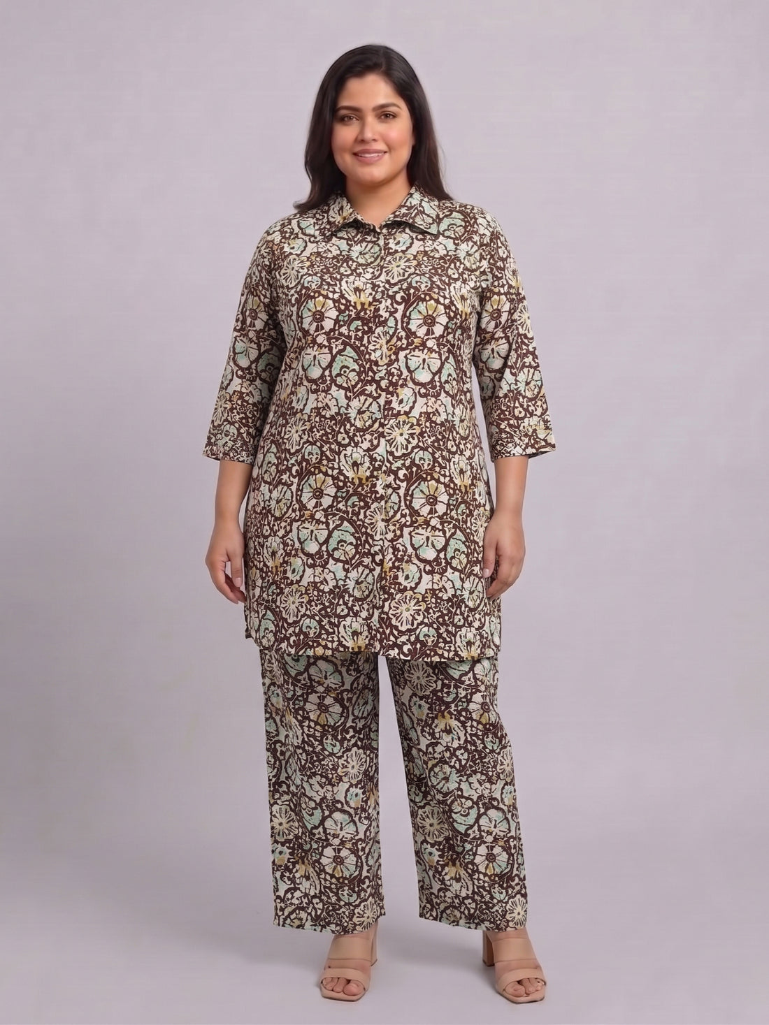 Plus Size Women’s Printed Shirt-Style Premium Crepe Fabric Co-Ords Set Sizes 3XL to 8XL