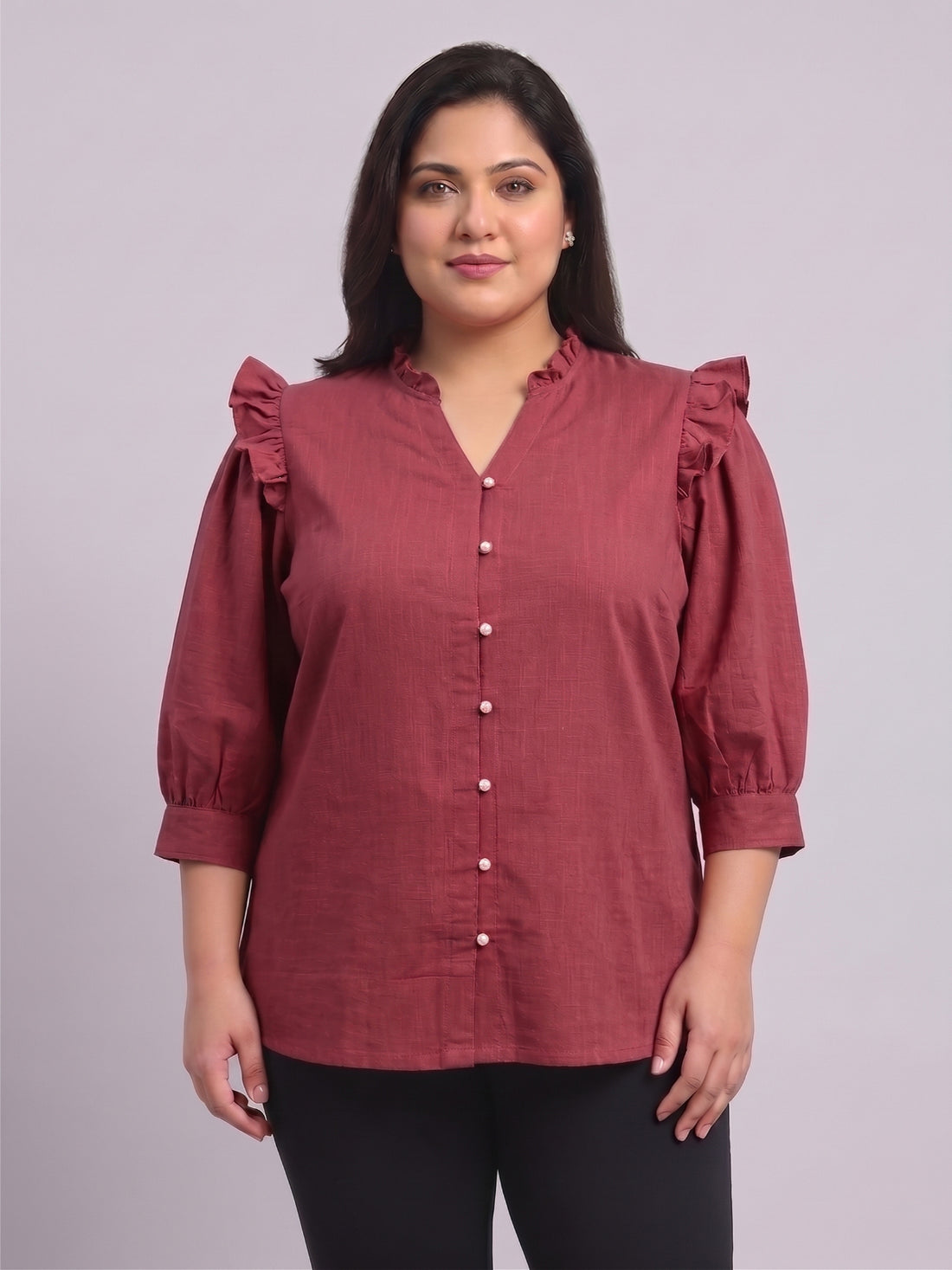 Women's Plus Size Ruffled V-Neck Puff-Sleeve Top