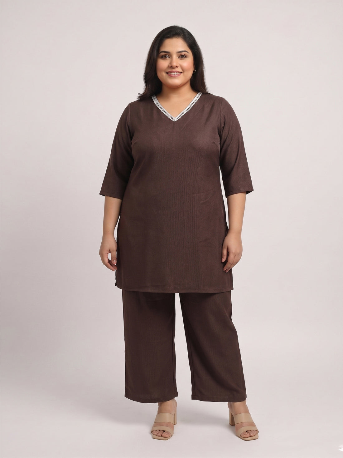 Plus Size Brown Relaxed Fit Solid Tunic And Trousers