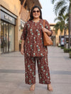 Plus Size Women's Floral Print 3/4th Sleeve V-Neck Crepe Co-Ord Set |Sizes 3XL to 8XL