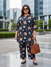 Plus Size Women's Printed V-Neck, 3/4 Sleeves Crepe Co-ord Set | Sizes 3XL to 8XL