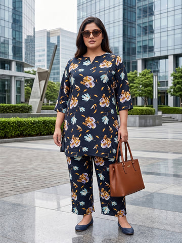 Plus Size Women's Printed V-Neck, 3/4 Sleeves Crepe Co-ord Set | Sizes 3XL to 8XL