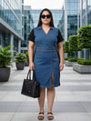 Plus Size Women's Denim Wrap Sheath Short Sleeve, Shirt Collar Colorblock Bodycon Knee-Length Dress with Front Slit | Sizes 3XL-8XL