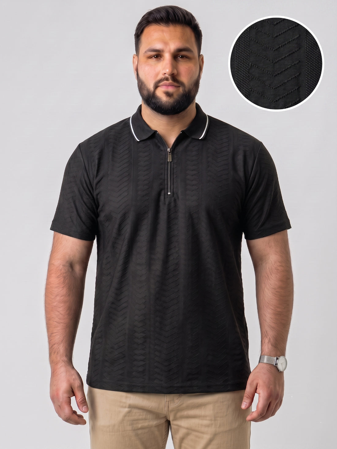 Plus Size Men's Textured Quarter-Zip Polo Collar TShirt