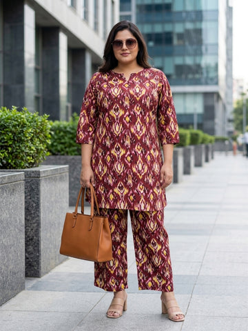 Plus Size Women's Printed V-Neck, 3/4 Sleeves Crepe Co-ord Set | Sizes 3XL to 8XL