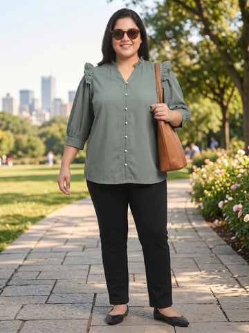 Women's Plus Size Ruffled V-Neck Puff-Sleeve Top