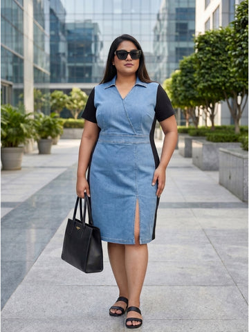 Plus Size Women's Denim Wrap Sheath Short Sleeve, Shirt Collar Colorblock Bodycon Knee-Length Dress with Front Slit | Sizes 3XL-8XL