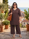 Plus Size Brown Relaxed Fit Solid Tunic And Trousers